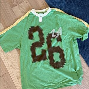 Anthropologie Green Graphic T-Shirt with Yellow Stripes